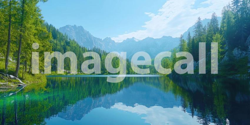 Serene Mountain Lake with Lush Forest. A tranquil scene with a crystal-clear lake surrounded by dense green trees and majestic mountains. Perfect for nature, travel, and serenity themes.