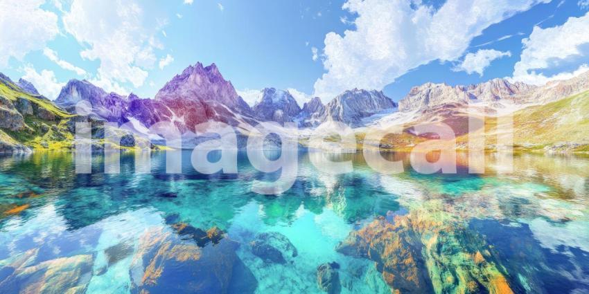 Scenic Mountain Lake with Clear Water. A breathtaking landscape with snow-capped mountains reflected in a crystal-clear lake. Perfect for nature, travel, and serenity themes.
