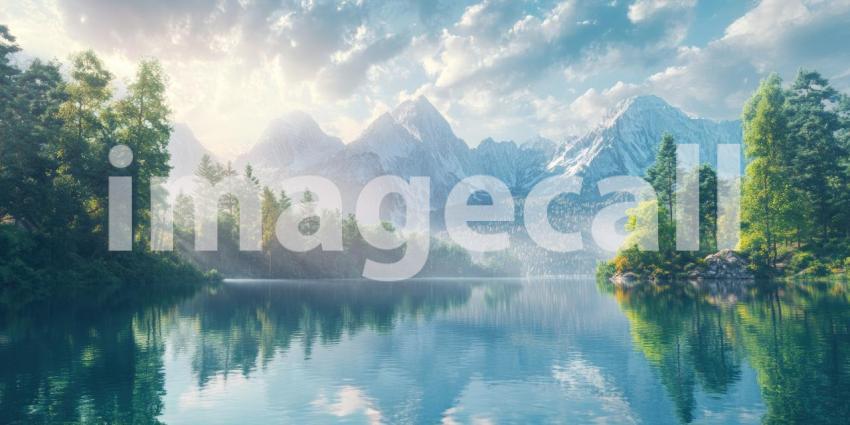 Serene Mountain Lake with Lush Forest. A tranquil scene with a crystal-clear lake surrounded by dense green trees and majestic mountains. Perfect for nature, travel, and serenity themes.