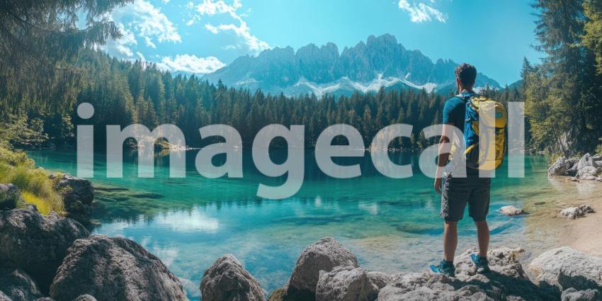 Serene Mountain Lake with Lush Forest. A tranquil scene with a crystal-clear lake surrounded by dense green trees and majestic mountains. Perfect for nature, travel, and serenity themes.