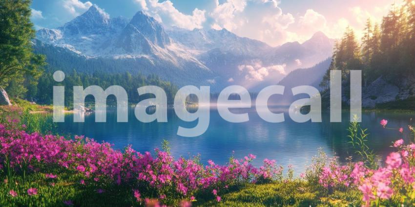 Serene Mountain Lake with Lush Forest. A tranquil scene with a crystal-clear lake surrounded by dense green trees and majestic mountains. Perfect for nature, travel, and serenity themes.