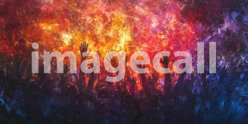 Concert Enthusiasm: Large Crowd of People with Raised Hands and Bright Lights at a Live Music Event