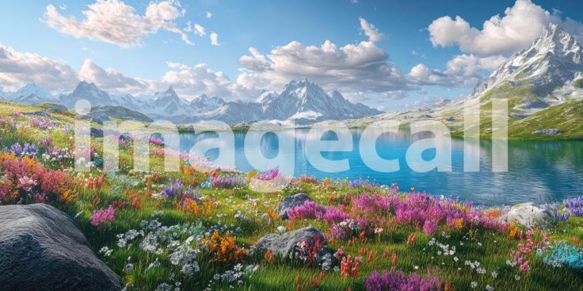 Scenic Mountain Lake with Clear Water. A breathtaking landscape with snow-capped mountains reflected in a crystal-clear lake. Perfect for nature, travel, and serenity themes.