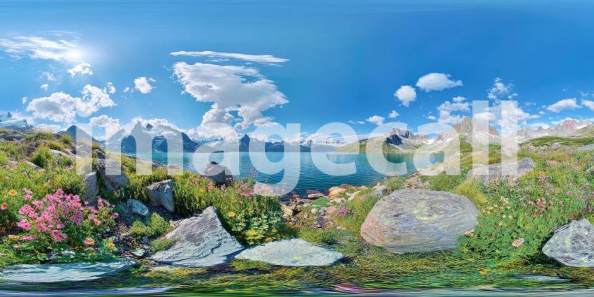 Scenic Mountain Lake with Clear Water. A breathtaking landscape with snow-capped mountains reflected in a crystal-clear lake. Perfect for nature, travel, and serenity themes.