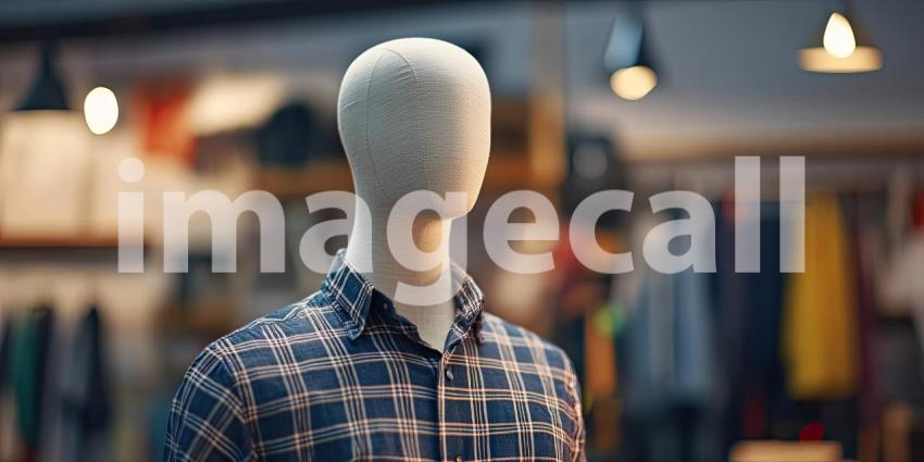 Mannequin Display in Clothing Store. A mannequin wearing a plaid shirt in a stylish shop interior. Perfect for fashion, retail, and store design themes.