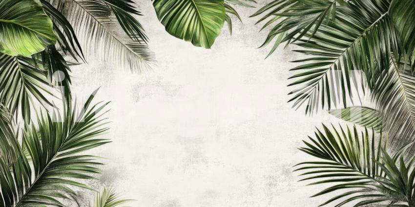 Tropical Leaf Frame on Concrete. Lush green palm leaves arranged on a textured background. Perfect for summer, nature, and botanical themes.