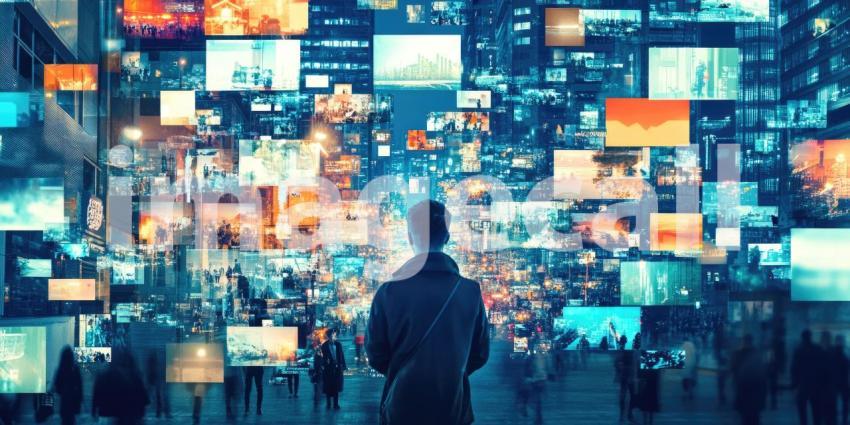 Person Observing a Large Array of Floating Digital Screens in an Urban Night Setting