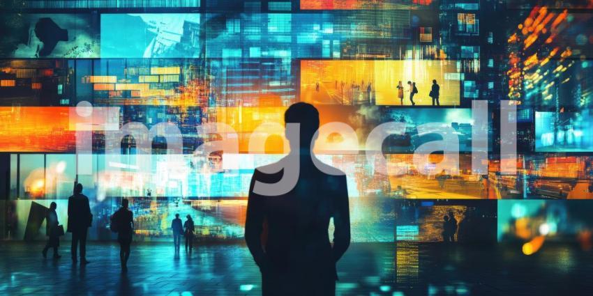 Person Observing a Large Array of Floating Digital Screens in an Urban Night Setting