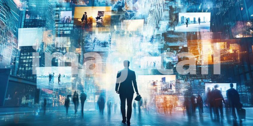 Person Observing a Large Array of Floating Digital Screens in an Urban Night Setting