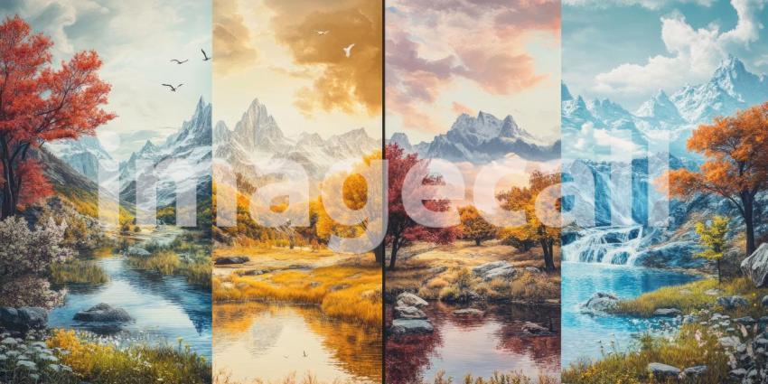 Four Seasons in a Mountain Landscape. A majestic mountain range showcasing changing seasons from spring to winter. Perfect for nature, travel, and seasonal themes.