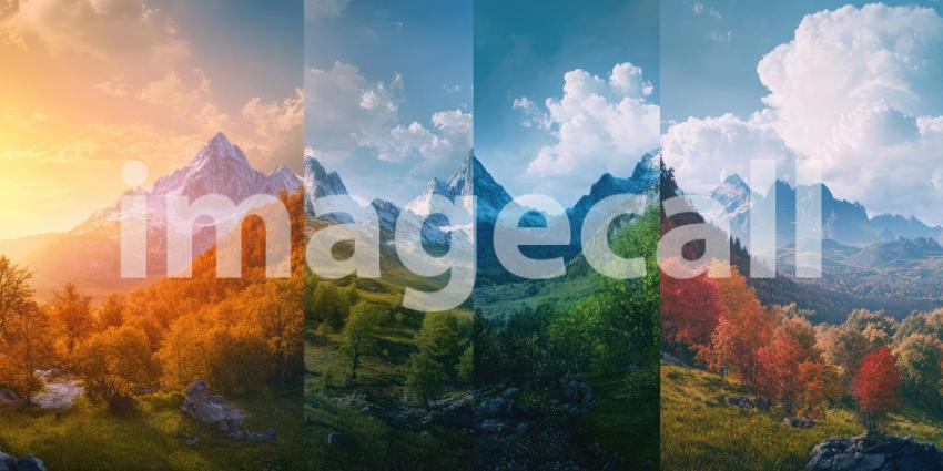 Four Seasons in a Mountain Landscape. A majestic mountain range showcasing changing seasons from spring to winter. Perfect for nature, travel, and seasonal themes.