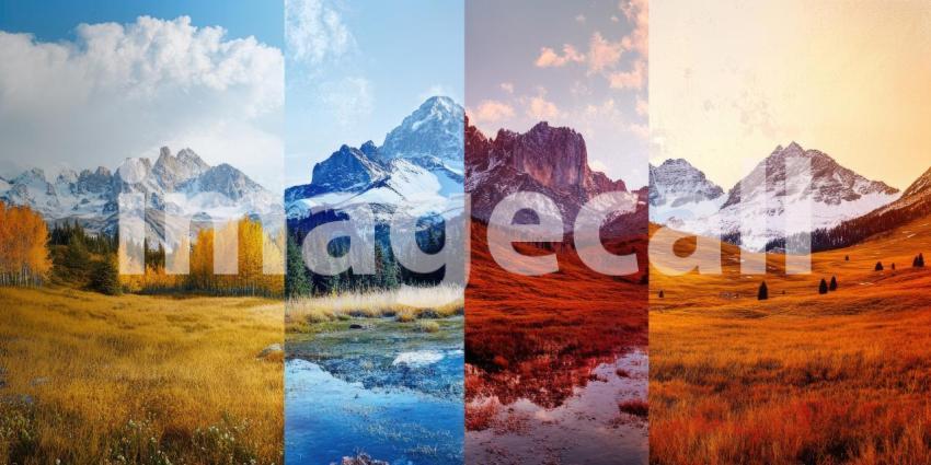 Four Seasons in a Mountain Landscape. A majestic mountain range showcasing changing seasons from spring to winter. Perfect for nature, travel, and seasonal themes.
