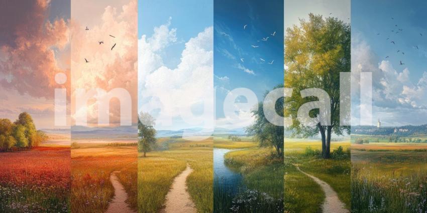 Four Seasons in a Mountain Landscape. A majestic mountain range showcasing changing seasons from spring to winter. Perfect for nature, travel, and seasonal themes.