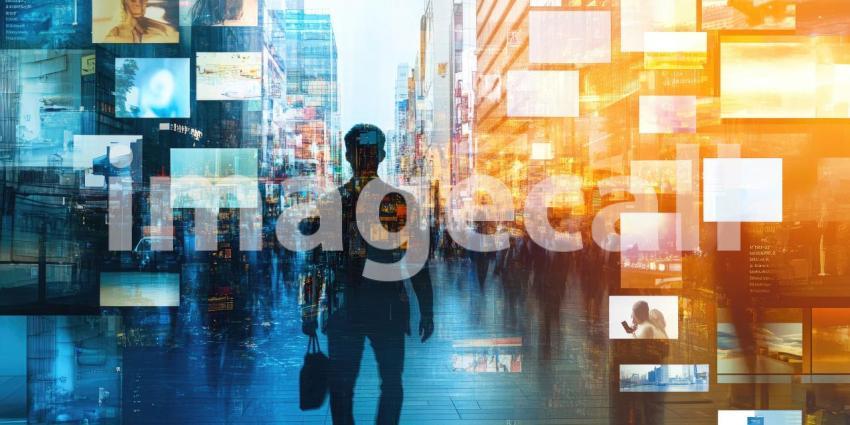 Person Observing a Large Array of Floating Digital Screens in an Urban Night Setting