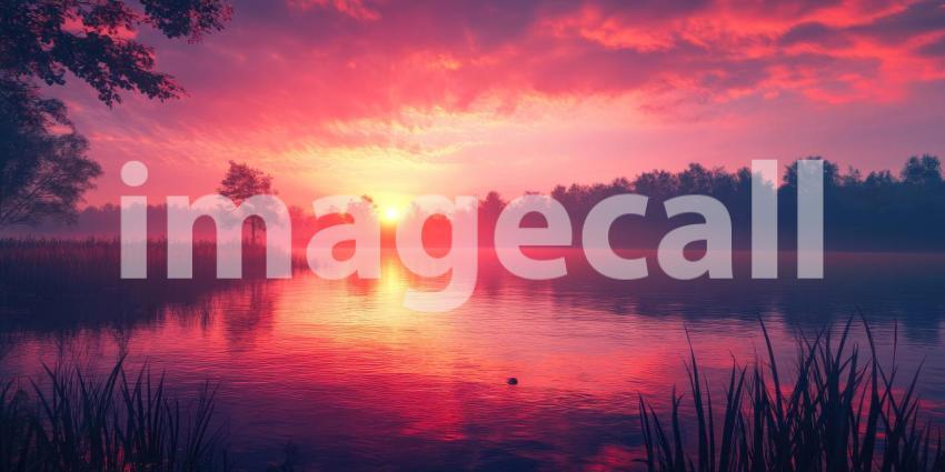 Dramatic Sunset over a Serene Lake. A fiery sky reflects on calm water with trees and reeds silhouetted in the foreground. Perfect for nature, landscape, and atmospheric themes.