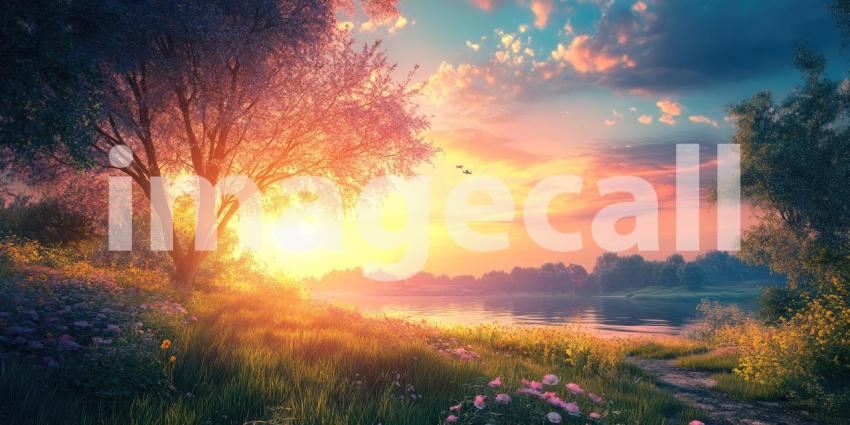 Dramatic Sunset over a Serene Lake. A fiery sky reflects on calm water with trees and reeds silhouetted in the foreground. Perfect for nature, landscape, and atmospheric themes.