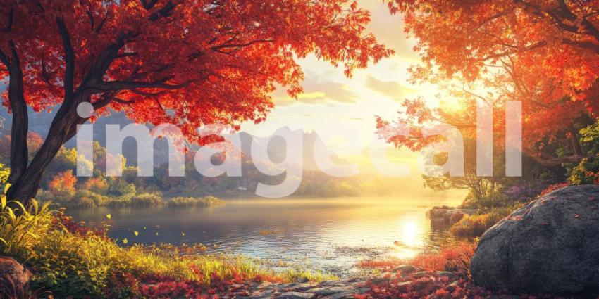 Dramatic Sunset over a Serene Lake. A fiery sky reflects on calm water with trees and reeds silhouetted in the foreground. Perfect for nature, landscape, and atmospheric themes.