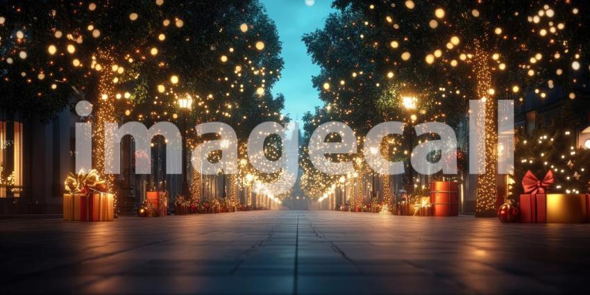Snowfall on a Christmas Street. A winter wonderland scene with snow-covered trees adorned with festive lights. Perfect for holiday, winter, and festive themes.