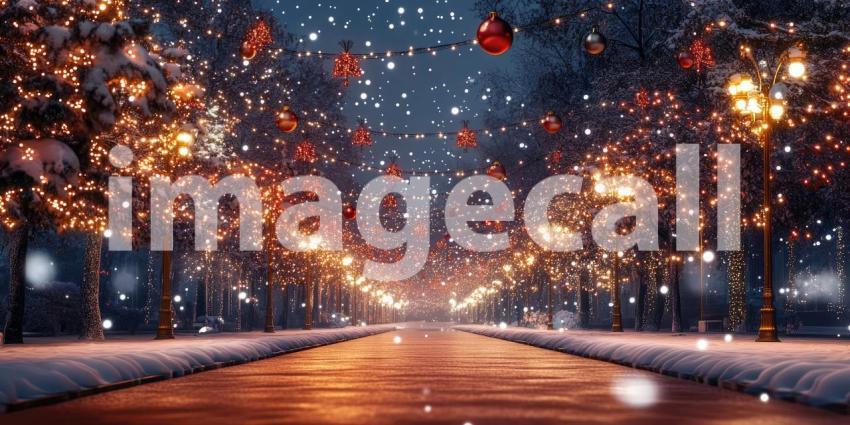 Snowfall on a Christmas Street. A winter wonderland scene with snow-covered trees adorned with festive lights. Perfect for holiday, winter, and festive themes.