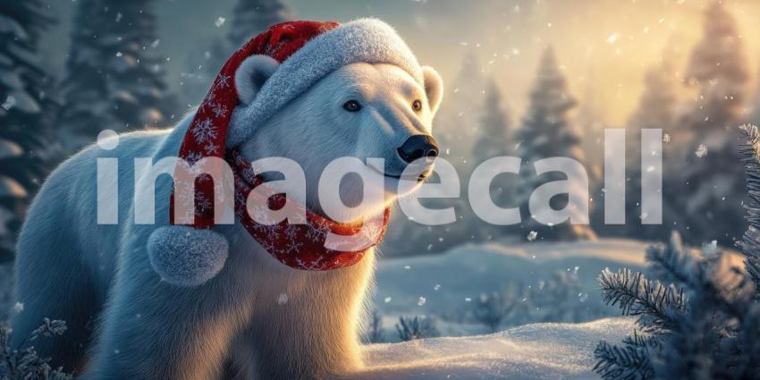 Majestic Polar Bear in Winter Wonderland. A powerful polar bear stands on a frozen lake surrounded by snow-covered mountains and trees. Perfect for wildlife, nature, and winter themes.