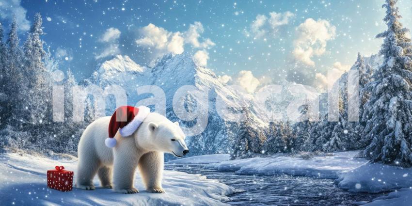 Majestic Polar Bear in Winter Wonderland. A powerful polar bear stands on a frozen lake surrounded by snow-covered mountains and trees. Perfect for wildlife, nature, and winter themes.