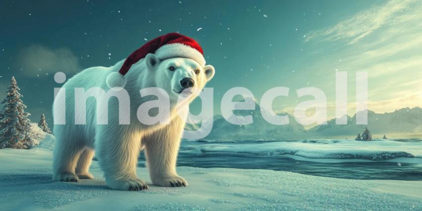 Majestic Polar Bear in Winter Wonderland. A powerful polar bear stands on a frozen lake surrounded by snow-covered mountains and trees. Perfect for wildlife, nature, and winter themes.