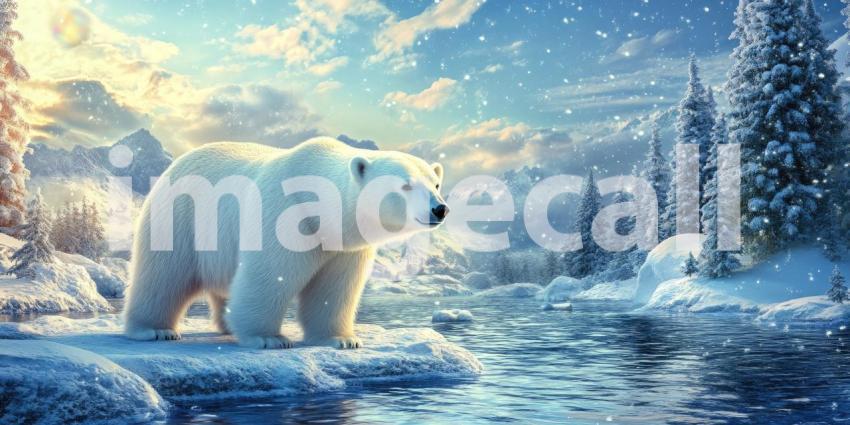 Majestic Polar Bear in Winter Wonderland. A powerful polar bear stands on a frozen lake surrounded by snow-covered mountains and trees. Perfect for wildlife, nature, and winter themes.