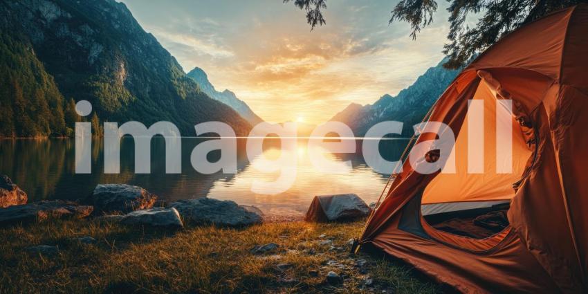 Camping by a Mountain Lake at Sunset. A tent glows with warm light near a serene lake with stunning mountain views. Perfect for camping, nature, and travel themes.