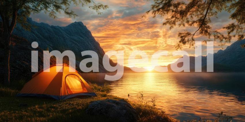 Camping by a Mountain Lake at Sunset. A tent glows with warm light near a serene lake with stunning mountain views. Perfect for camping, nature, and travel themes.