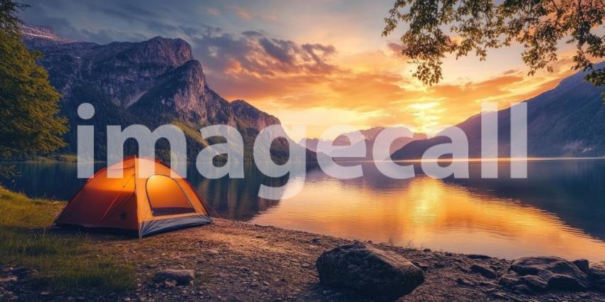 Camping by a Mountain Lake at Sunset. A tent glows with warm light near a serene lake with stunning mountain views. Perfect for camping, nature, and travel themes.