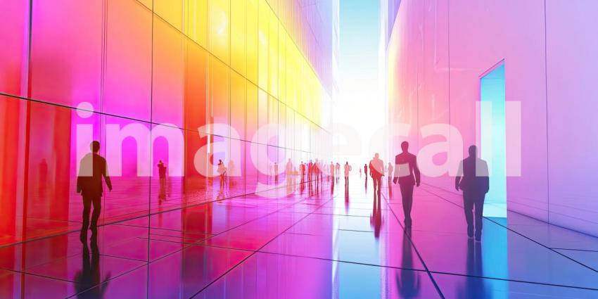 Dynamic Outdoor Gathering: People Walking and Running in Colorful Outfits Under a Sunny Sky