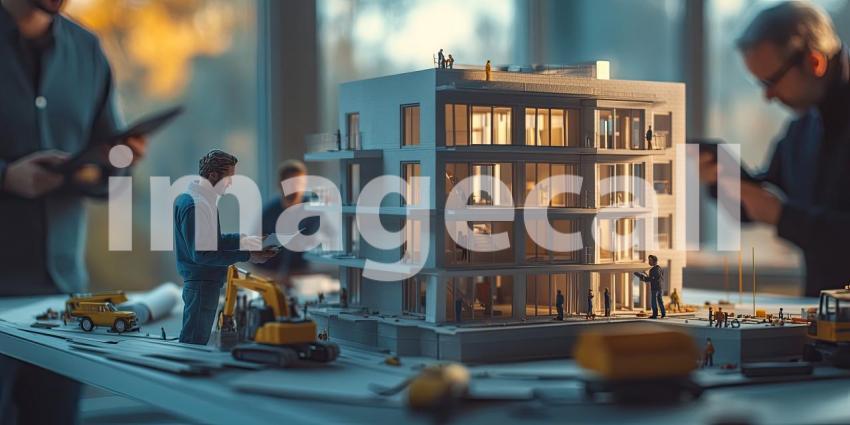 Intricate Architectural Scale Model Depicting a Modern Multi-Story Building with Lively Human Activity and Landscaped Surroundings