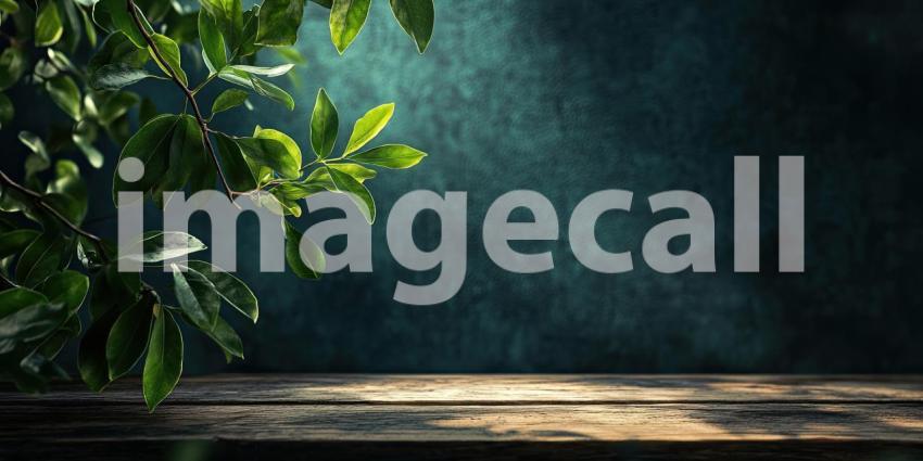 Spring Morning Tabletop Scene. Wooden table with blooming branches and a sunlit forest background. Perfect for nature, spring, and product display themes.