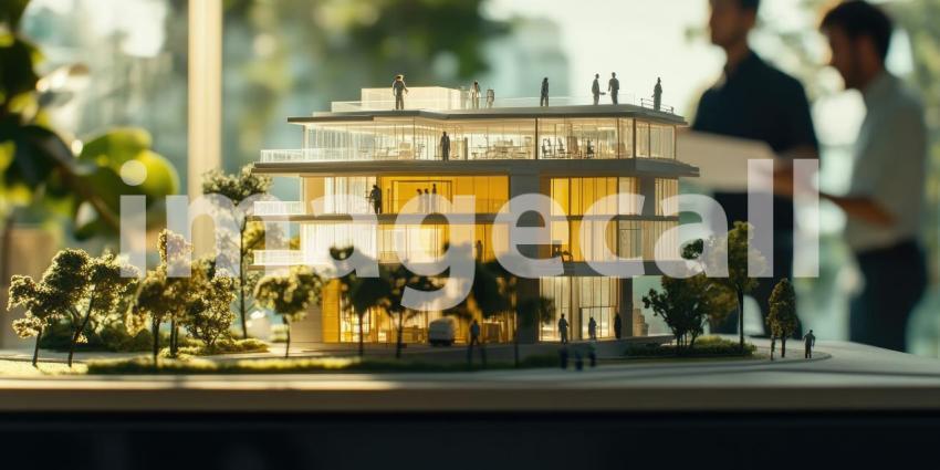 Intricate Architectural Scale Model Depicting a Modern Multi-Story Building with Lively Human Activity and Landscaped Surroundings