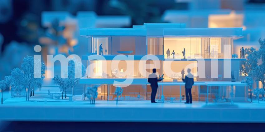 Intricate Architectural Scale Model Depicting a Modern Multi-Story Building with Lively Human Activity and Landscaped Surroundings