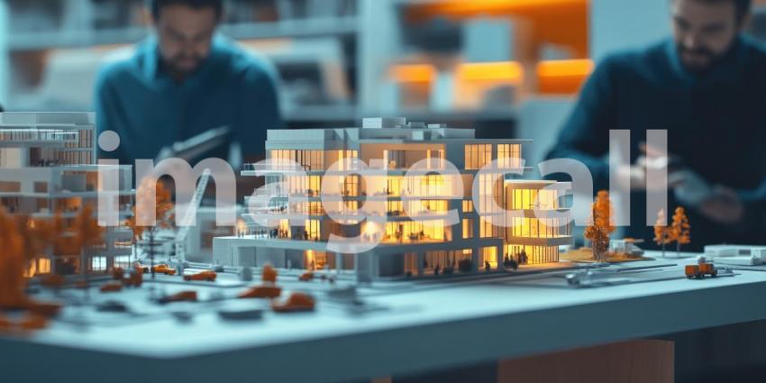 Intricate Architectural Scale Model Depicting a Modern Multi-Story Building with Lively Human Activity and Landscaped Surroundings