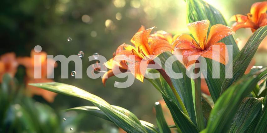 Morning Dew on Orange Lilies. Sunlight illuminates a field of vibrant orange lilies with glistening morning dew. Perfect for nature, spring, and floral themes.