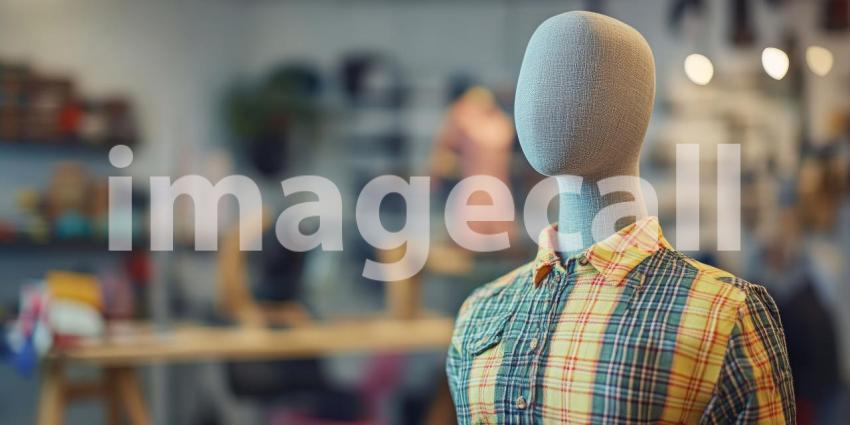 Mannequin Display in Clothing Store. A mannequin wearing a plaid shirt in a stylish shop interior. Perfect for fashion, retail, and store design themes.