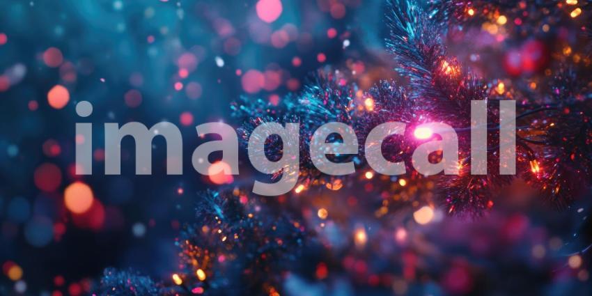 Festive Christmas Tree Ornaments. Close-up of colorful baubles and twinkling lights adorning a Christmas tree. Perfect for holiday, festive, and winter themes.