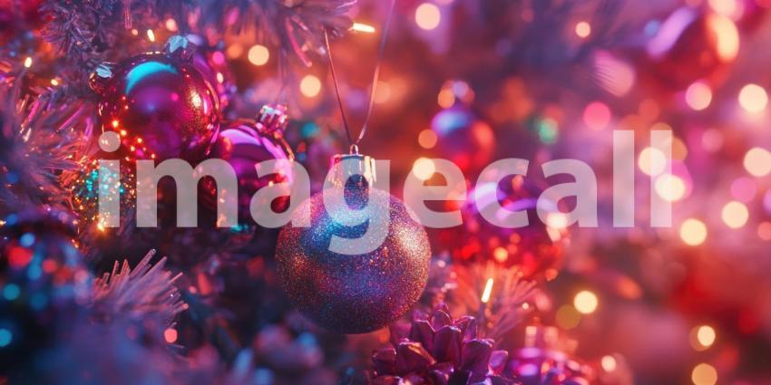 Festive Christmas Tree Ornaments. Close-up of colorful baubles and twinkling lights adorning a Christmas tree. Perfect for holiday, festive, and winter themes.