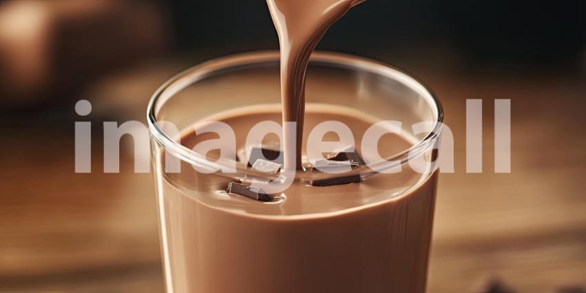 Pouring Rich Chocolate Milk. Creamy chocolate milk being poured into a glass with chocolate shavings. Perfect for food, beverage, and indulgence themes.