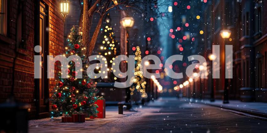 Snowfall on a Christmas Street. A winter wonderland scene with snow-covered trees adorned with festive lights. Perfect for holiday, winter, and festive themes.