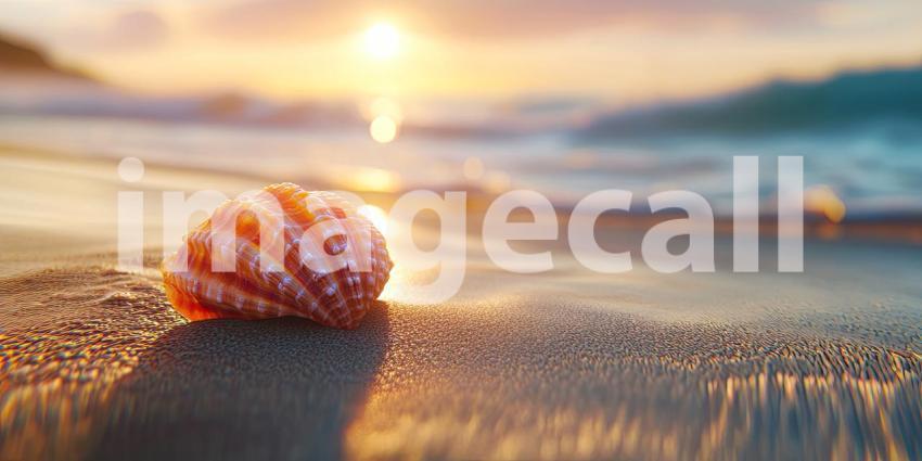 Seashell at Sunset on a Sandy Beach. A seashell sits on the sand with a vibrant sunset in the background. Perfect for beach, travel, and nature themes.
