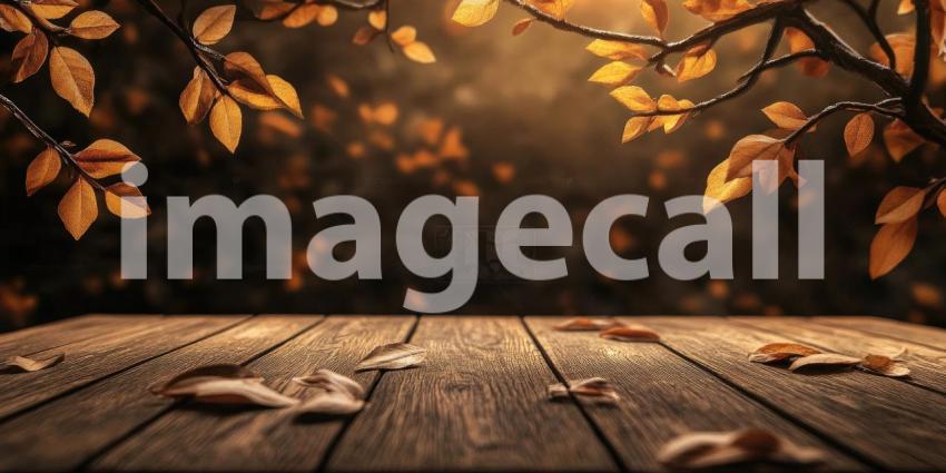 Spring Morning Tabletop Scene. Wooden table with blooming branches and a sunlit forest background. Perfect for nature, spring, and product display themes.