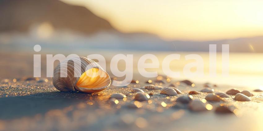 Seashell at Sunset on a Sandy Beach. A seashell sits on the sand with a vibrant sunset in the background. Perfect for beach, travel, and nature themes.