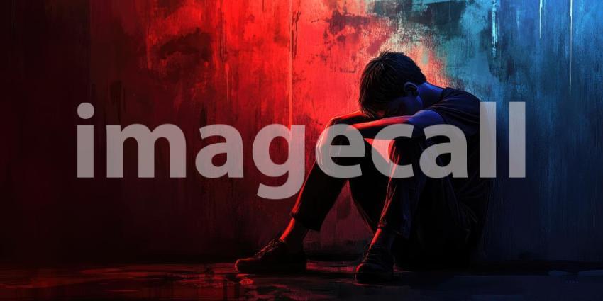 Reflective Moments: Person Sitting Against a Gradient Wall with Dramatic Lighting