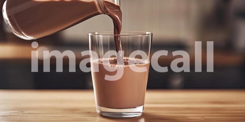 Pouring Rich Chocolate Milk. Creamy chocolate milk being poured into a glass with chocolate shavings. Perfect for food, beverage, and indulgence themes.
