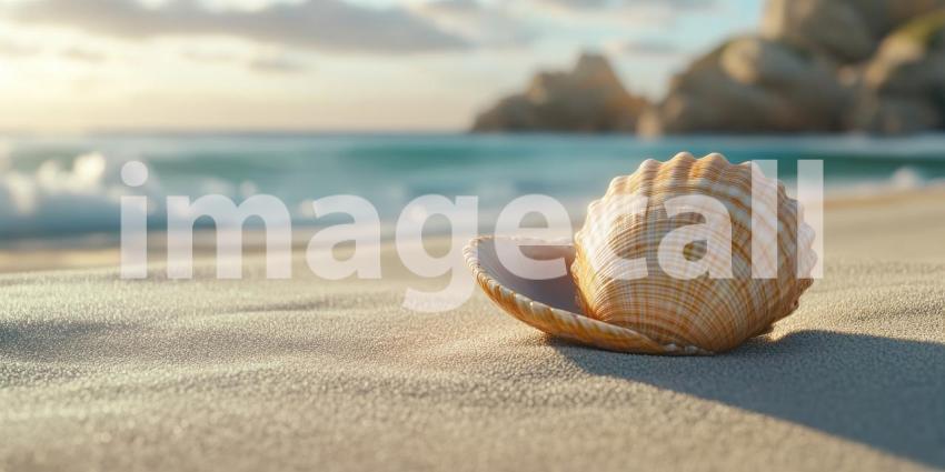 Seashell at Sunset on a Sandy Beach. A seashell sits on the sand with a vibrant sunset in the background. Perfect for beach, travel, and nature themes.