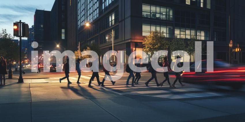 Morning Commute: Pedestrians Crossing a City Street in Warm Sunlight