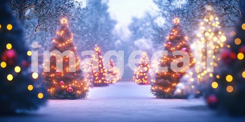 Snowfall on a Christmas Street. A winter wonderland scene with snow-covered trees adorned with festive lights. Perfect for holiday, winter, and festive themes.